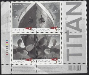 Canada #2534a MNH block of 4, ship, Titanic, issued 2012