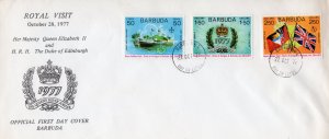 Barbuda 1977 Sc#302/304 ROYAL VISIT/SHIP/FLAGS Set (3) FDC