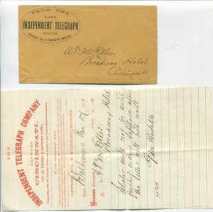East South Independent Telegraph Co Cover & Telegram to Cincinnati LV6805