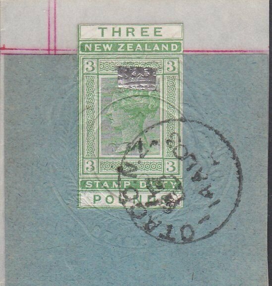 NEW ZEALAND 1880 LONG TYPE STAMP DUTY £3 used on piece - ...................J188
