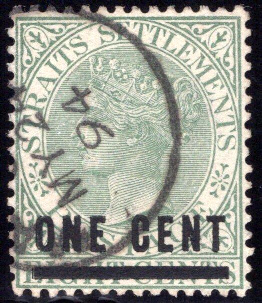 82 Straits Settlements, Surcharged 1c on 8c gray green, used, May 24, 1894 cance