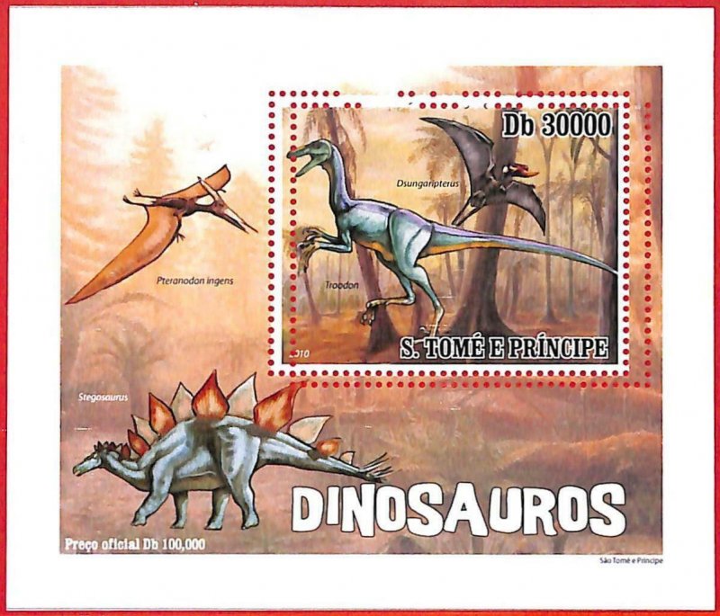 A4448 - SAO TOME & PRINCIPE- ERROR MISPERF Souvenir s: 2010 Dinosaurs Prehistory