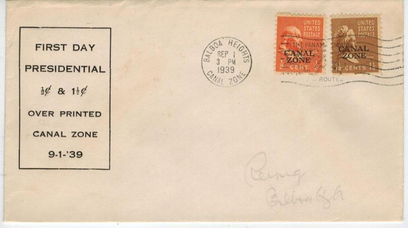 1939 CANAL ZONE OVERPRINTS FDC on 803 B Franklin + 805 USA Presidentials 