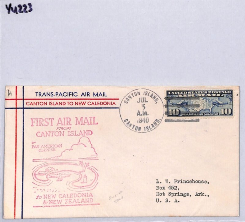 USA Air Mail CLIPPER 1940 Cover FIRST FLIGHT *Canton Island* New Caledonia YU223