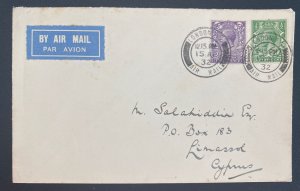 1932 London England Airmail Cover To Limassol Cyprus