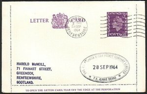 GB SCOTLAND 1964 Lettercard -  Clyde Steamer cachet P.V. JEANIE DEANS......13760