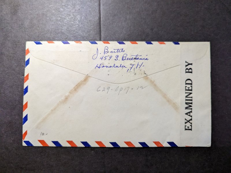 1942 USA Airmail Cover Honolulu HI to San Francisco CA USA Remember Pearl Harbor