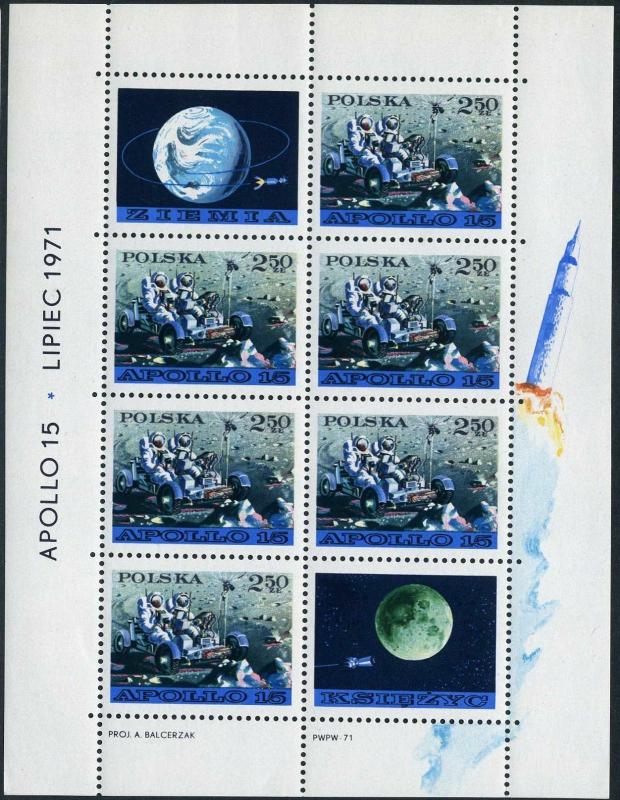 Poland 1850-1851 sheets,MNH.Michel 2122-2123 Bl.47-48 Apollo 15,Luna 17.1971.