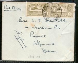 India 1931 KG V Air Mail Stamp on Cover Drigh Road Karachi ( Now in Pakistan ...