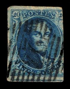 GENUINE BELGIUM SCOTT #4a POSTALLY USED 1850 BLUE ON THICK PAPER - ESTATE SALE.