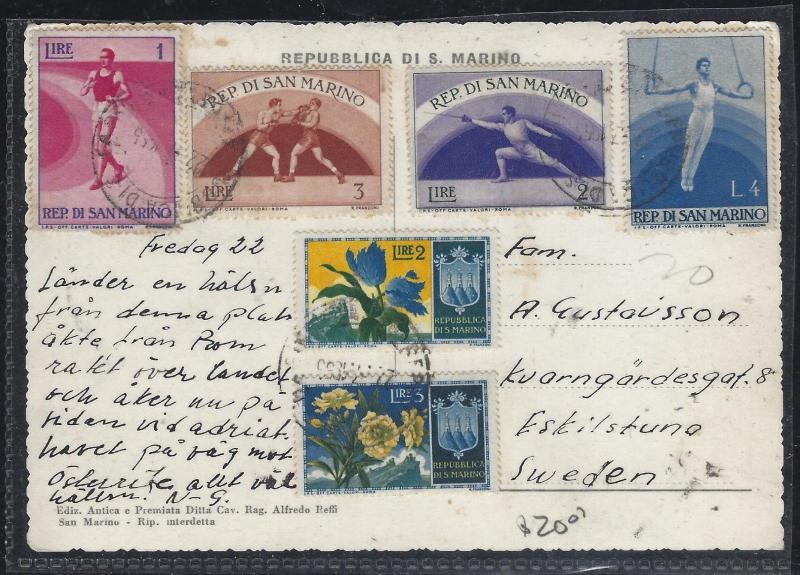 SAN MARINO (PP0308B)  6 STAMPS, 4 SPORTS ON PPC TO SWEDEN