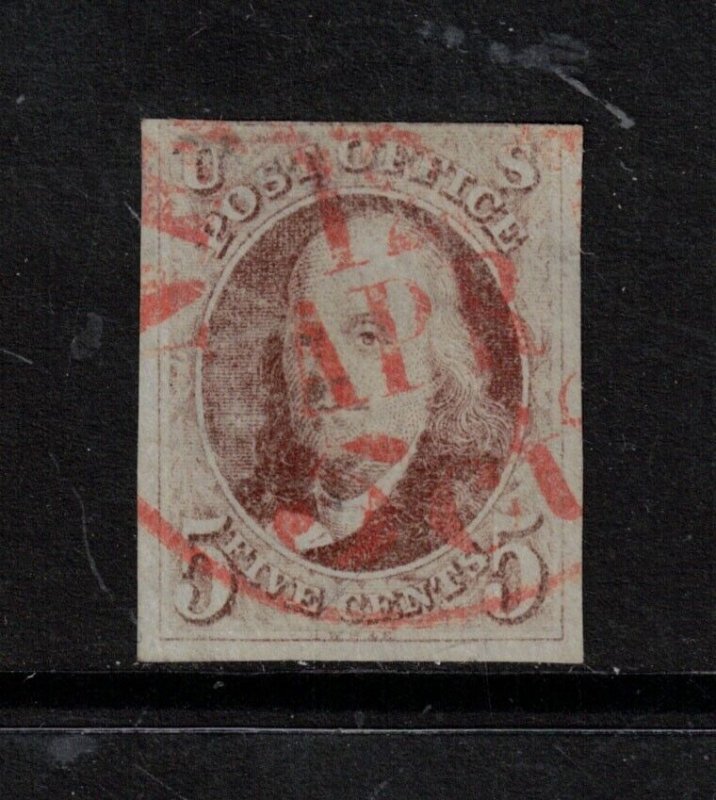 USA #1 Very Fine Used With Red NY Integral Date Stamp Cancel 