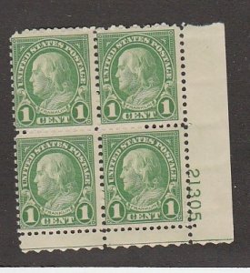 US #632 PLATE BLOCK NEVER HINGED