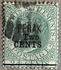 Perak 1891 2c on 24c, used. Scott 41, CV $95.00, SG 50