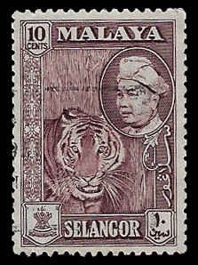 Malaya (Selangor) #107 Used; 10c Tiger & Sultan (1957)