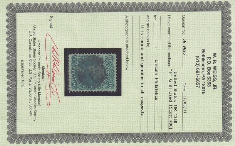 96 VF-XF used neat cancel Weiss cert with nice color cv $ 260 ! see pic !