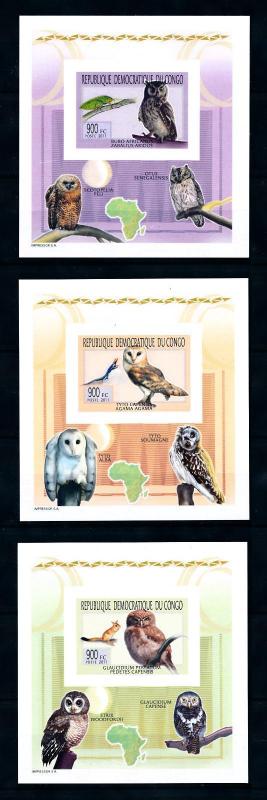 [75879] Congo Kinshasa 2011 Birds Owls 3 Single Imperf. Sheets MNH