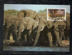 UGANDA COVER(P0201B) 1991 WWF ELEPHANT 200/- FDC ON PPC NOT SENT 