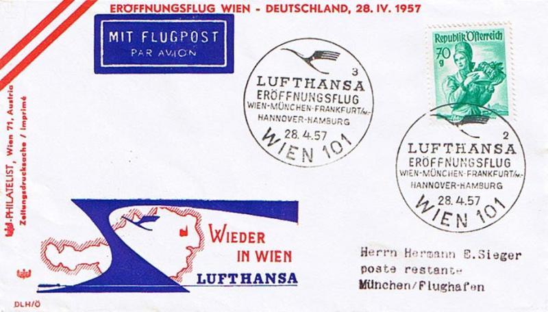 Austria 70g Wachau Lower Austria Costume 1957 Lufthansa Eroffnungsflug Wien-M...