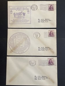 1932 William Penn Three FDCs (Sc# 724) New Castle, Chester, and Philadelphia