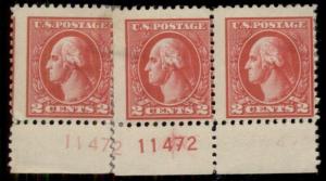 US #528 2¢ carmine, type Va, hinged 3-strip w/PHANTOM PLATE NO interesting freak