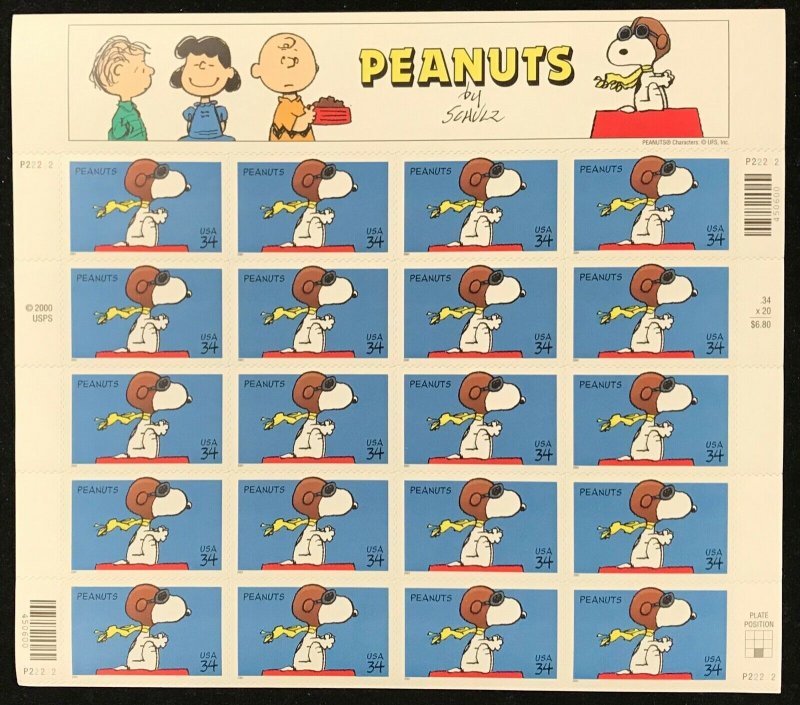 3507   Snoopy-Peanuts “Red Baron”    34¢ MNH sheet of 20    Issued in 2001 