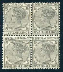 New Zealand 1874 QV 1st Sideface 5/- grey blk 4 mint, Rare multiple & high value
