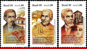 2211-13 BRAZIL 1989 BOOK DAY, WRITERS, ASSIS, ABREU, CORALINA, MI# 2326-28, MNH