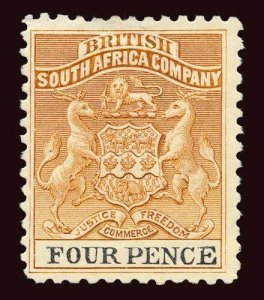 RHODESIA Scott #25 (SG 28) 1895 coat of arms unused HR, 2 thin perfs, 1 creased