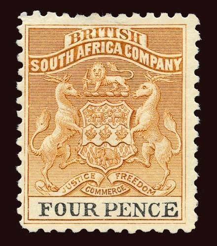 RHODESIA Scott #25 (SG 28) 1895 coat of arms unused HR, 2 thin perfs, 1 creased