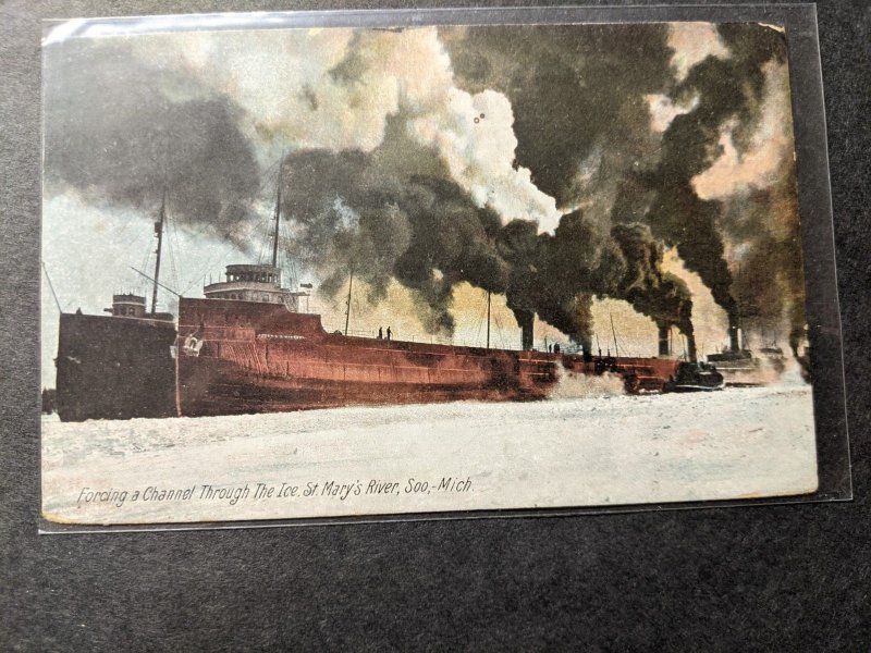 Steamer PETER S. WISEMAN, Soo, Michigan 1910 Naval  ICEBREAKING Postcard w/ note