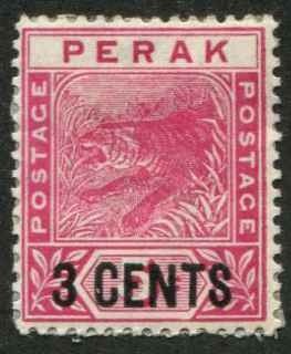 Malaya Perak SC# 46c Tiger 3 CENTS on 5c unused