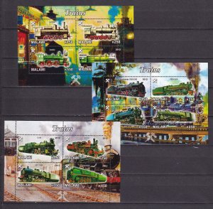 Malawi 2012 Trains Stamps Sheets lot of 3 MNH