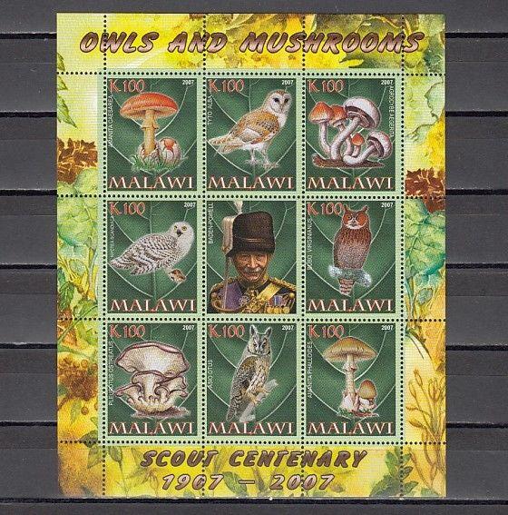 Malawi, 2007 Cinderella issue. Owls & Mushrooms sheet. Scout B. Powell label.  