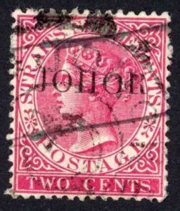 Johore 1884-91 SG.10c 2c bright rose SG type 10 JOHOR opt used cat 12 pounds