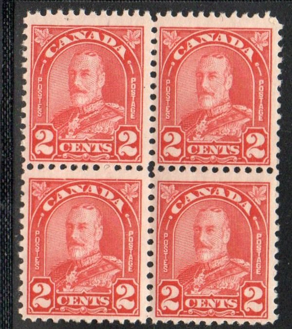 Canada Sc  165 1930 2 c deep red George V stamp block of 4 mint NH