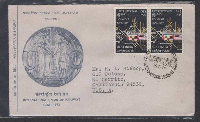 India #553 pair  (1972  Union of Railways  issue) addressed FDC