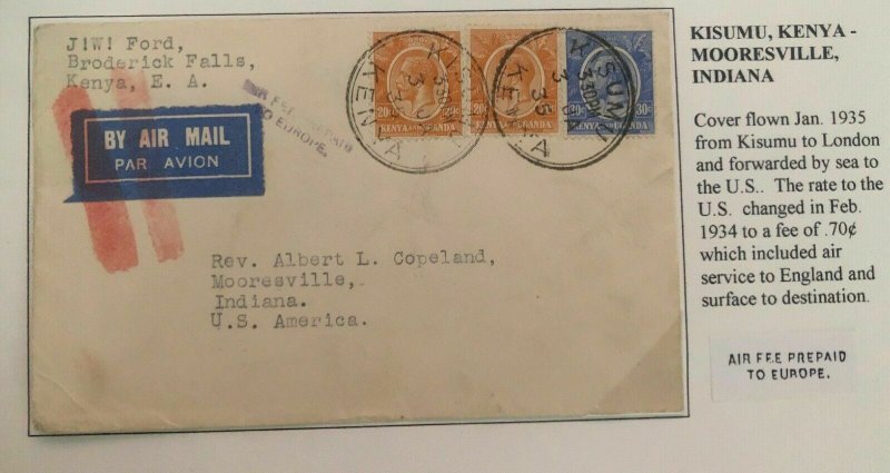 1935 Kisumu Kenya Early Airmail Cover To Mooresville IN USA Via London