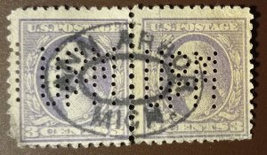 US # 502 Used Pair Ann Arbor Mi Cancel / Perfin (U of M) 1917