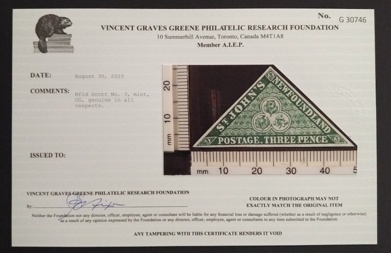 Newfoundland 3 VF MH OG ** See Certificate **