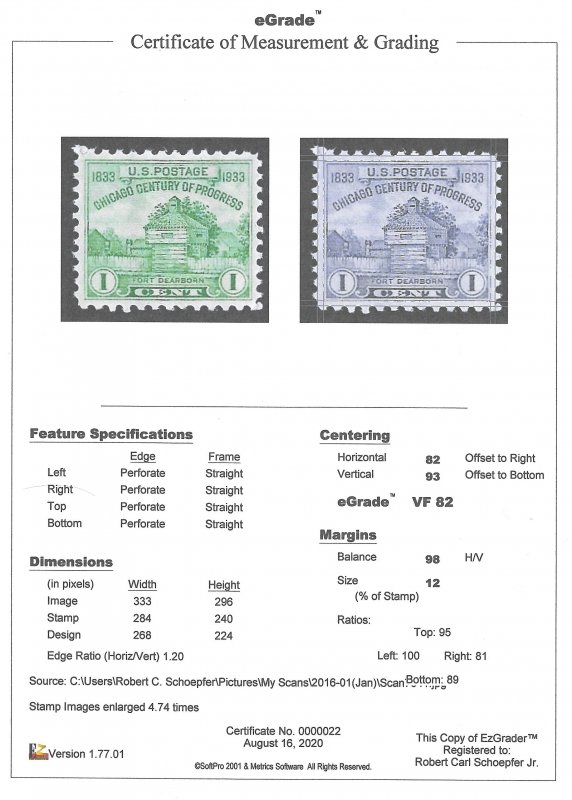 728 1 cent Century of Progress Chicago Stamp mint OG NH EGRADED VF 82