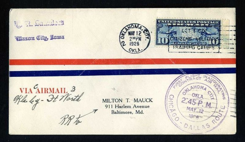 # C7 CAM # 3 First Flight cover, Oklahoma City, OK to Ft. Worth, TX - 5-12-1926