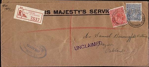 AUSTRALIA 1927 OHMS Reg cover with GV OS perfins, to Oaklands  Unclaimed..19252W