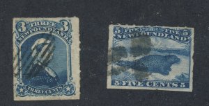 2x Newfoundland Used Rouletted Stamps #39-3c VF #40-5c VF Guide Value = $40.00