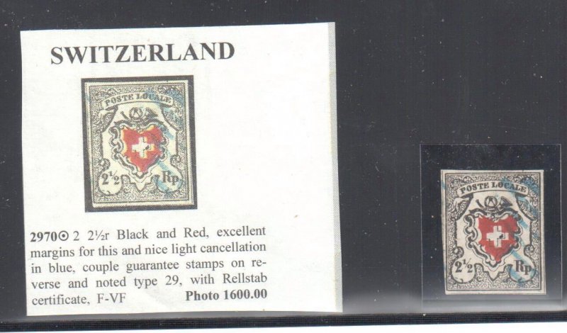 SWITZERLAND #2 USED 1850, 2½r Zum TYPE29, SUPERB With CERTIFICATE