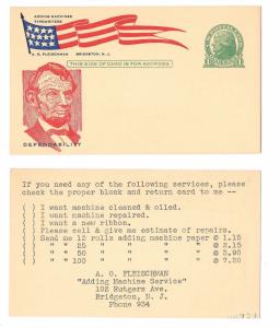 UX27 Postal Card Lincoln Patriotic Cachet A O Fleischman Advert Bridgeton NJ