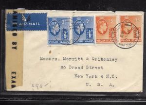 VIRGIN ISLANDS (PP1301B) 1943 KGVI 2 1/2D PR+3D PR CENSOR COVER TO USA