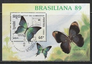 1989 Cambodia - Sc 1004 - used VF -  1 SS - Butterflies - BRASILANA 89