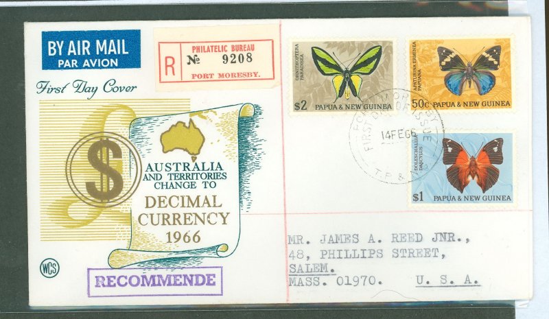 Papua New Guinea 218-220 1966 High Values from decimal currency definitive series franking an air mail registered FDC sent to th