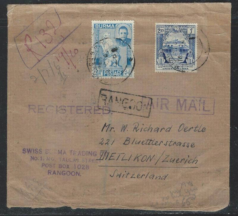 BURMA (P0406B)  1948 3 1/2A LION+2R+1A BL OF 4 REG A/M TO SWITZERLAND